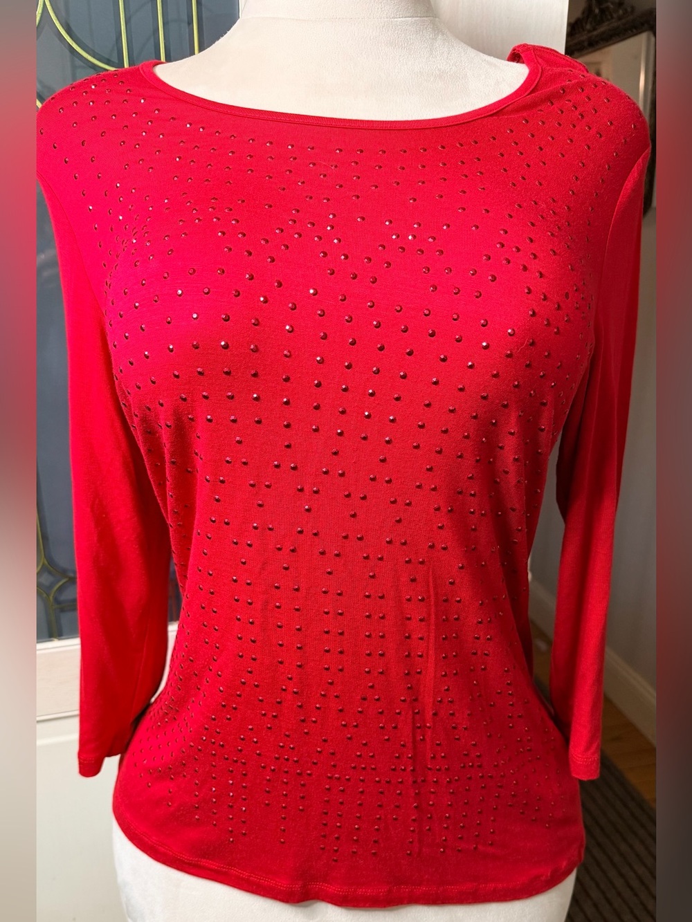 Laura Ashley PM Red Rhinestone Studded 3/4 Sleeve Stretch Top Y2K Glam Festival